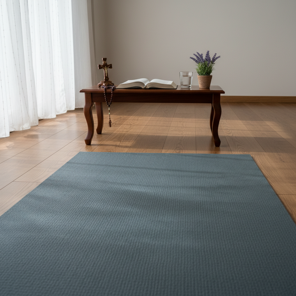 A tranquil corner of a room features a thick, slate-gray yoga mat laid out on warm oak flooring, positioned directly before a narrow wooden prayer table. On the table rests a rosary draped over a small, carved wooden crucifix and an open devotional book, its cream pages softly curved. A single glass of water and a tiny potted lavender plant sit nearby, adding freshness. Diffused overcast light filters through sheer curtains, creating a gentle, even illumination with soft shadows. Photographed from a low, front-facing angle with the mat leading the viewer’s eye toward the prayer table, the image feels calm, intimate, and reverent, rendered in clean, photographic realism.