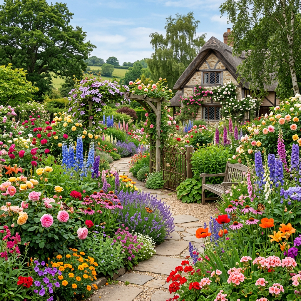 Cottage with thatched roof surrounded by a lush garden of multicolored flowers and a stone path